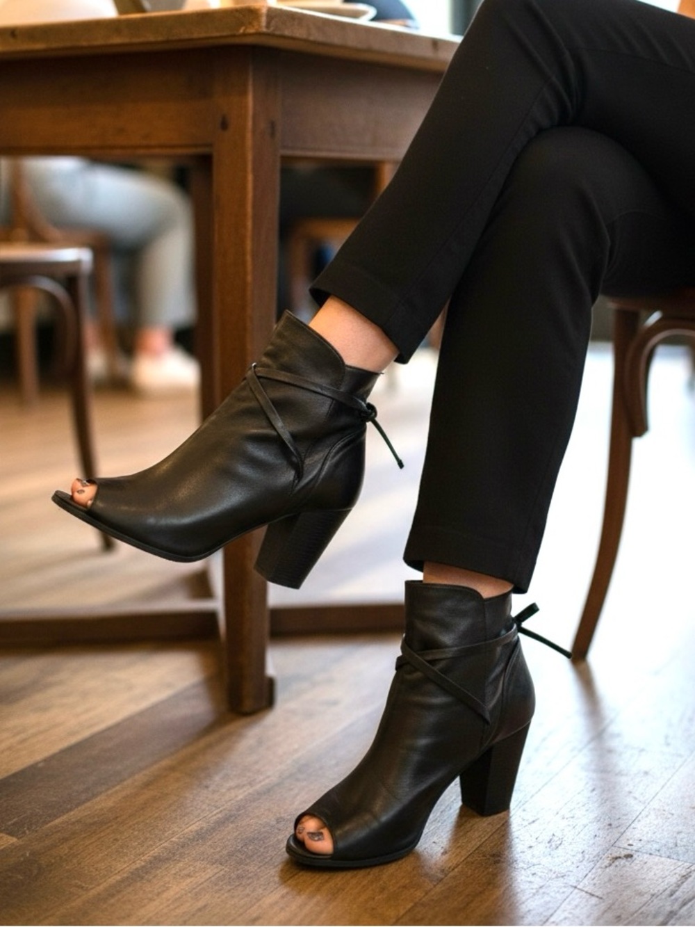 Officine Creative Black Italian Leather Peep-Toe Ankle Boots Size 8.5